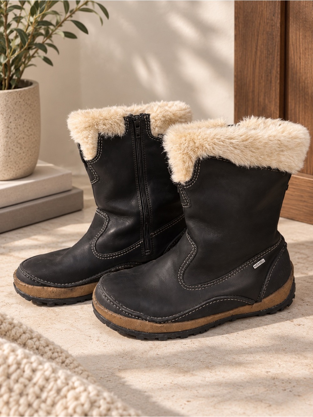 Merrell Black Genuine Leather Waterproof Winter Boots with Cream Fur Trim